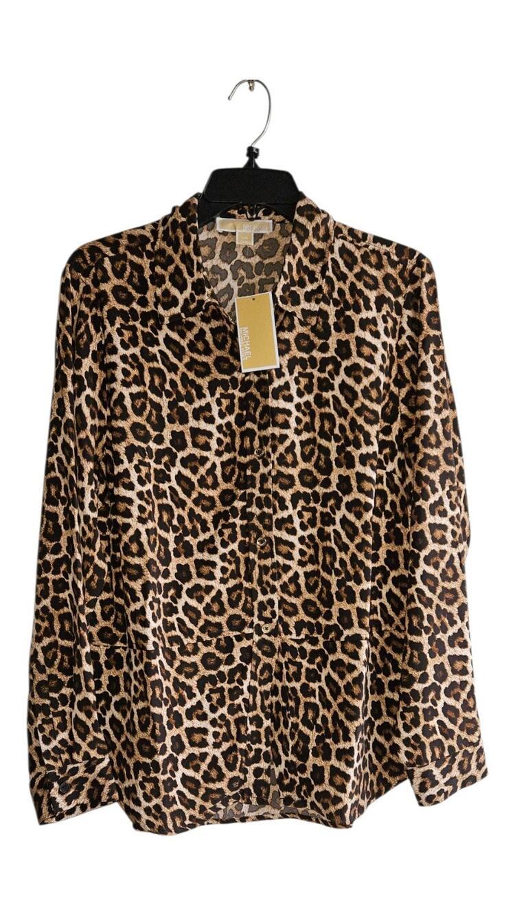 Michael Kors Women's Dark Camel Leopard Print Long Sleeve Tunic Blouse Top L NWT